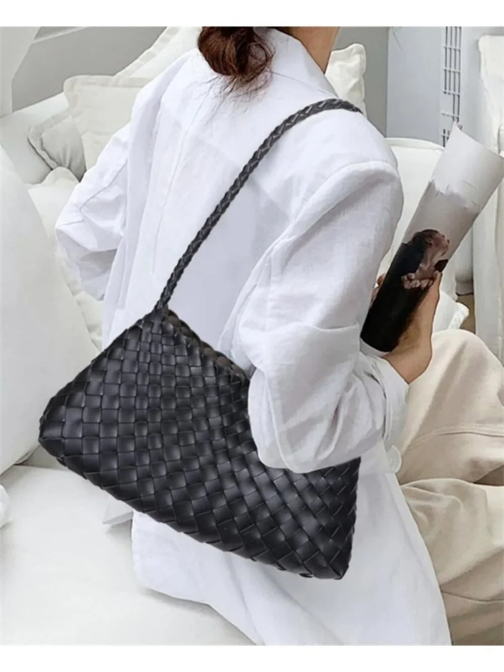 Trendy Woven Hobo Bag for Women | Suede Bucket Tote Shoulder Handbag